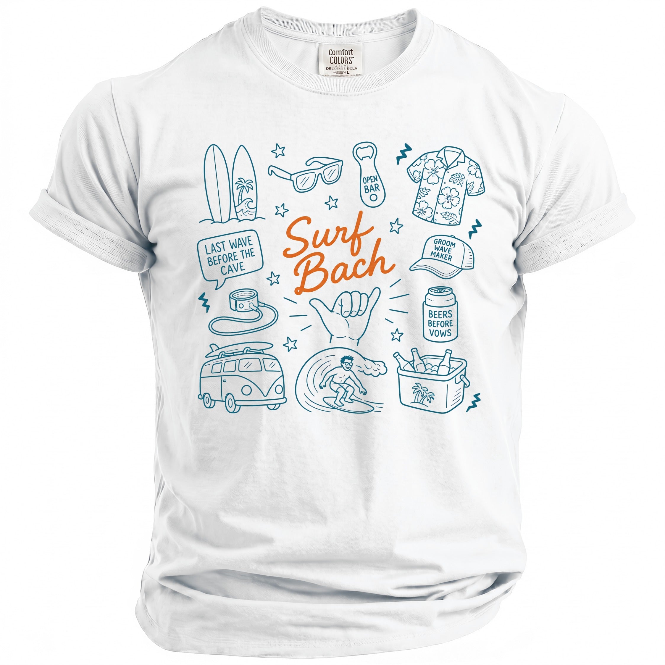 White t-shirt with blue line drawings of surf elements and text "Surf Bach".