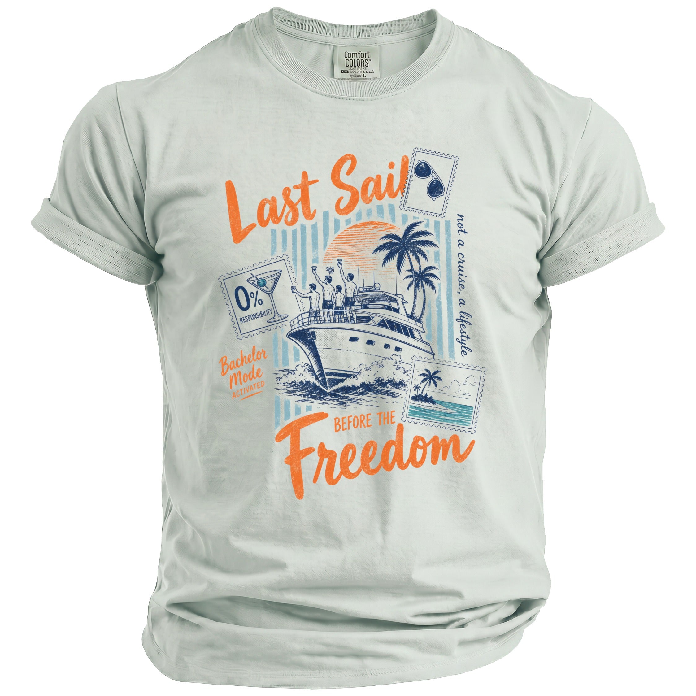 T-shirt with graphic: "Last Sail Before the Freedom", yacht, palm trees, and stamps.