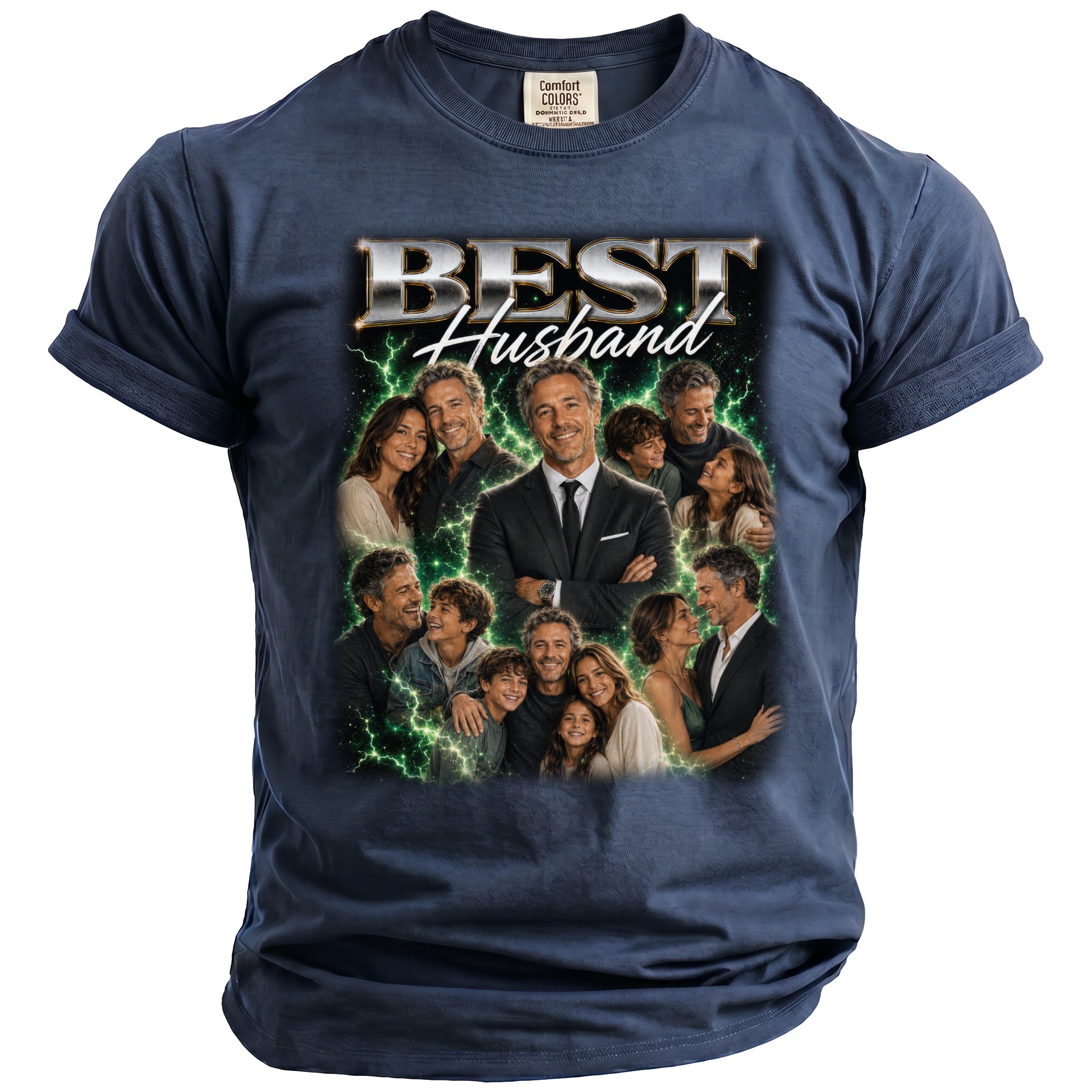 T-shirt with "BEST Husband" text and collage of family photos.