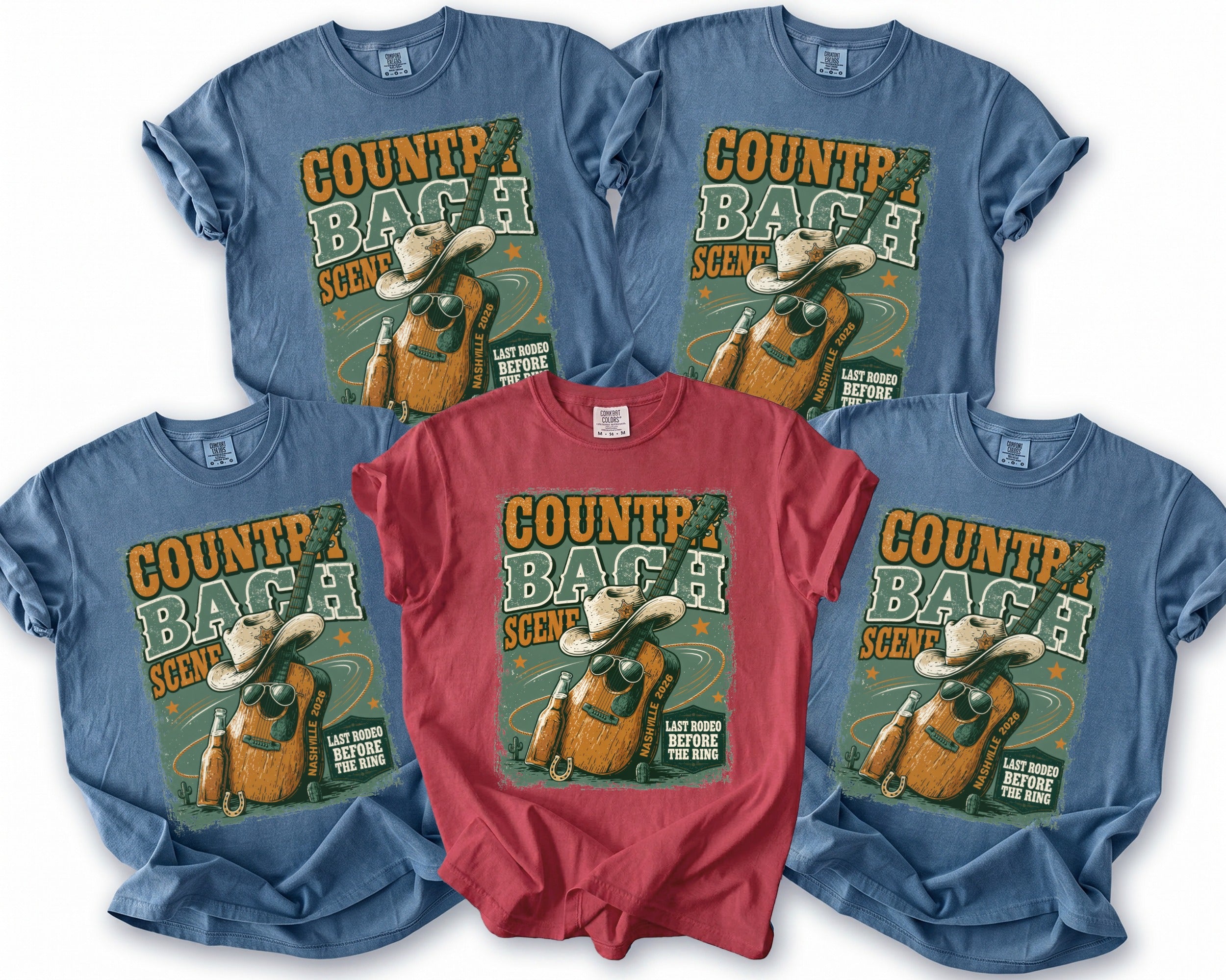 T-shirts with "Country Bach Scene Nashville 2026 Last Rodeo Before The Ring" graphic.