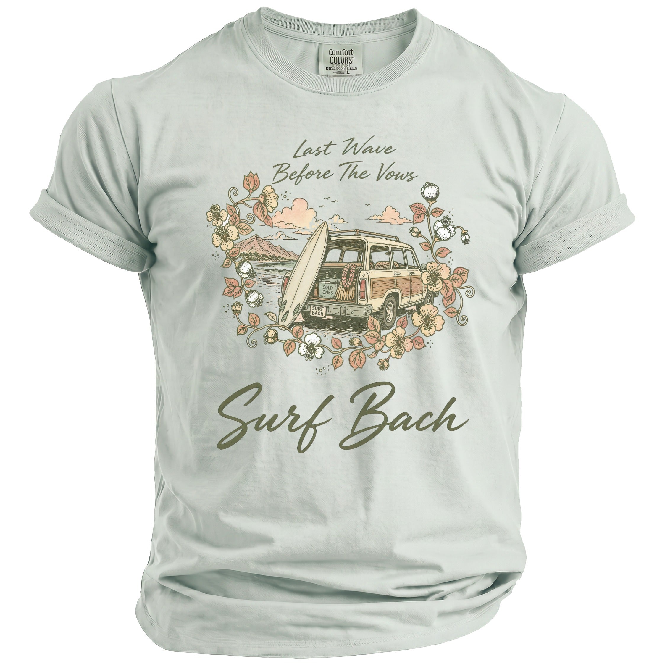 T-shirt graphic: Surf Bach, Last Wave Before The Vows, woodie wagon, surfboard, flowers