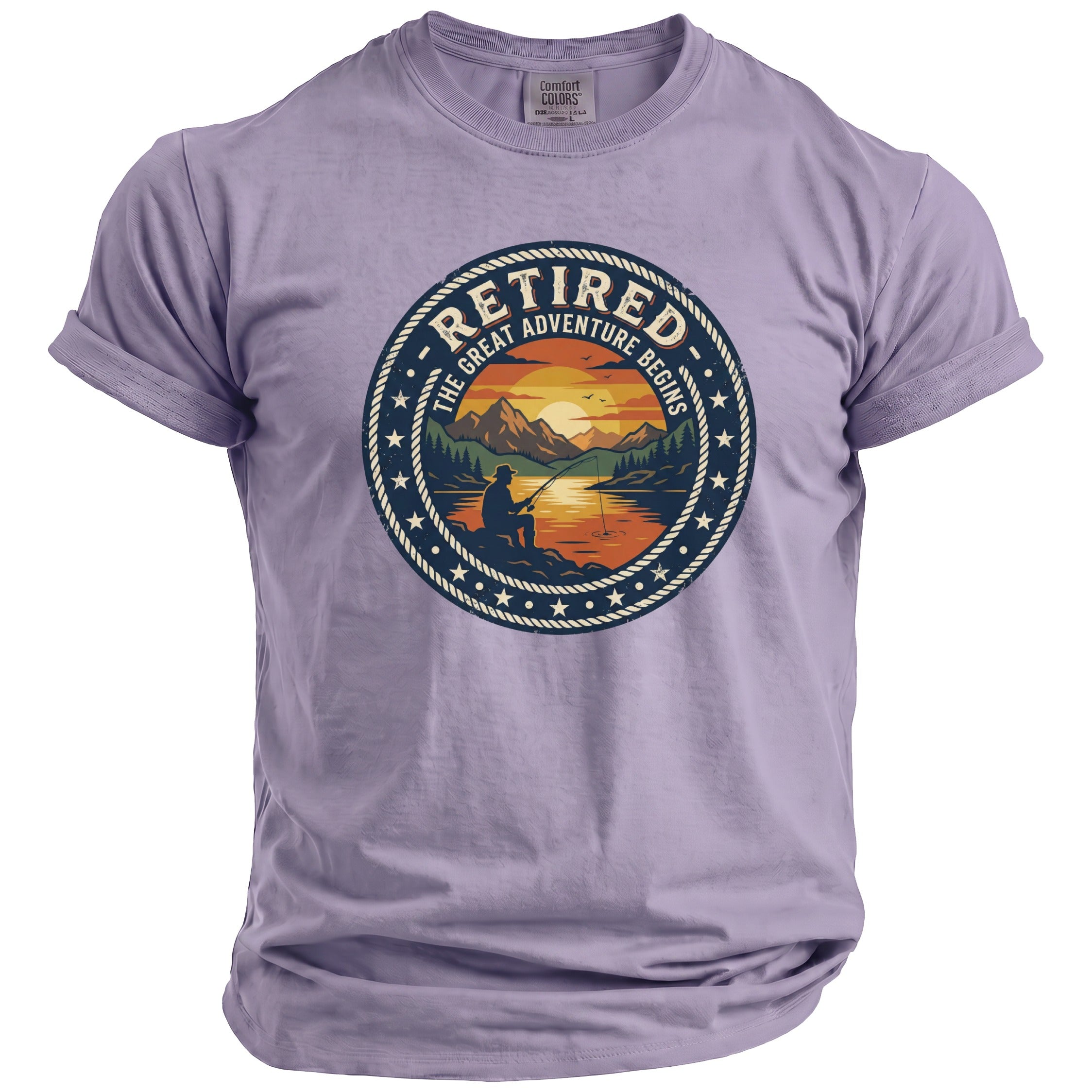 T-shirt with "Retired The Great Adventure Begins" fishing scene graphic.