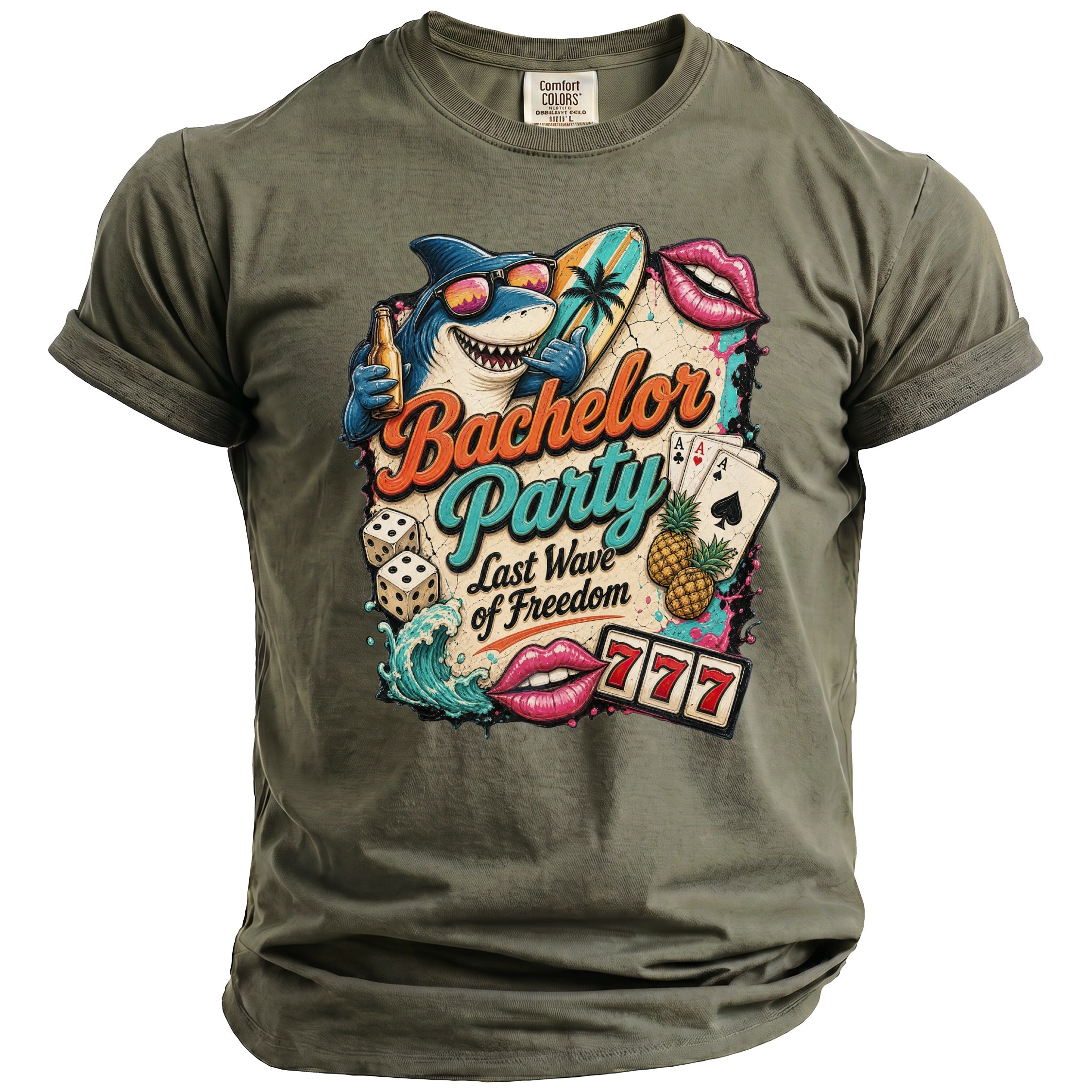 Olive green t-shirt with "Bachelor Party Last Wave of Freedom" graphic featuring a shark, surfboard, dice, and casino elements.