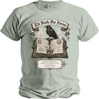 T-shirt with illustration of raven on book, ring, and text "Till Death, Our Forever".