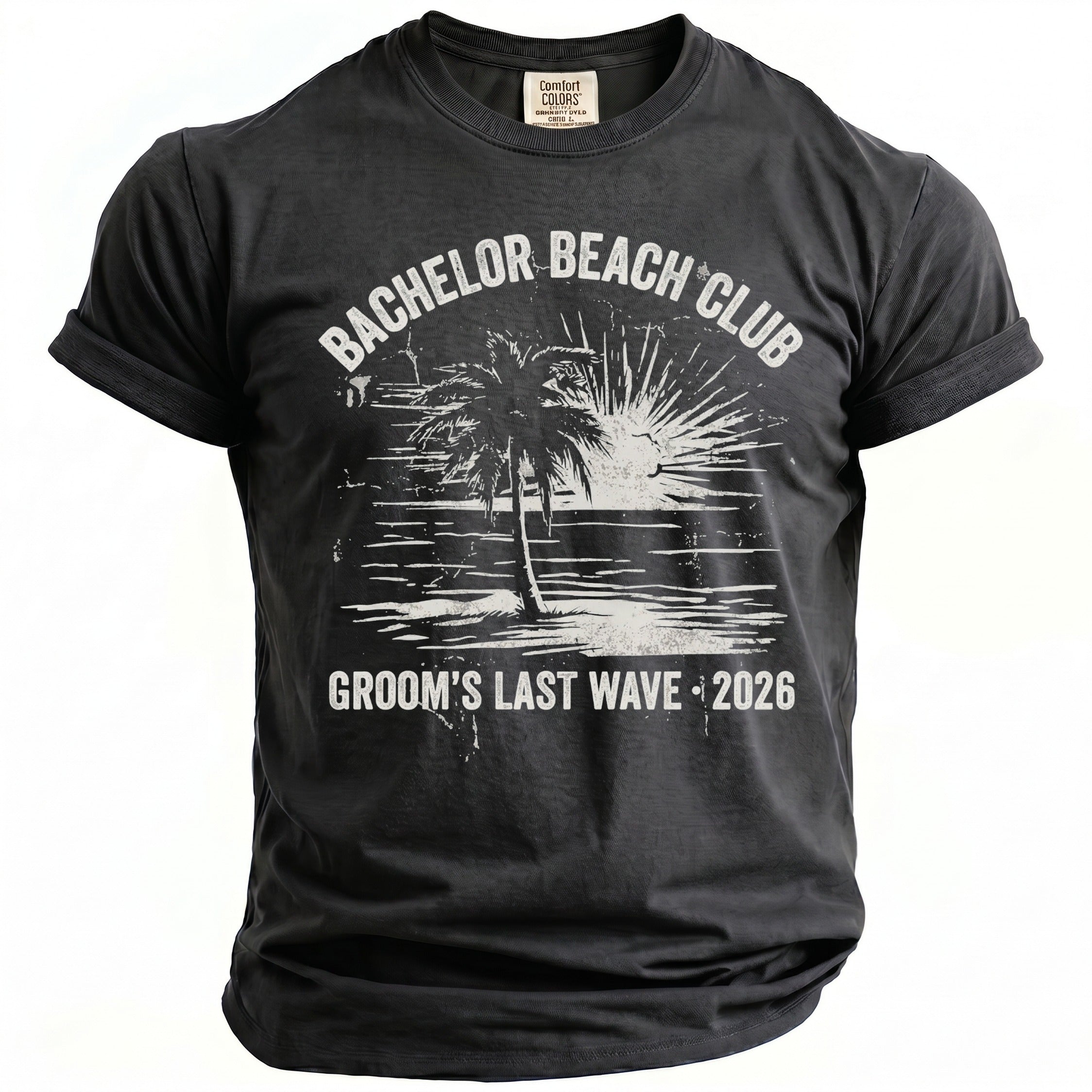 Dark grey t-shirt with "Bachelor Beach Club Groom's Last Wave 2026" graphic.