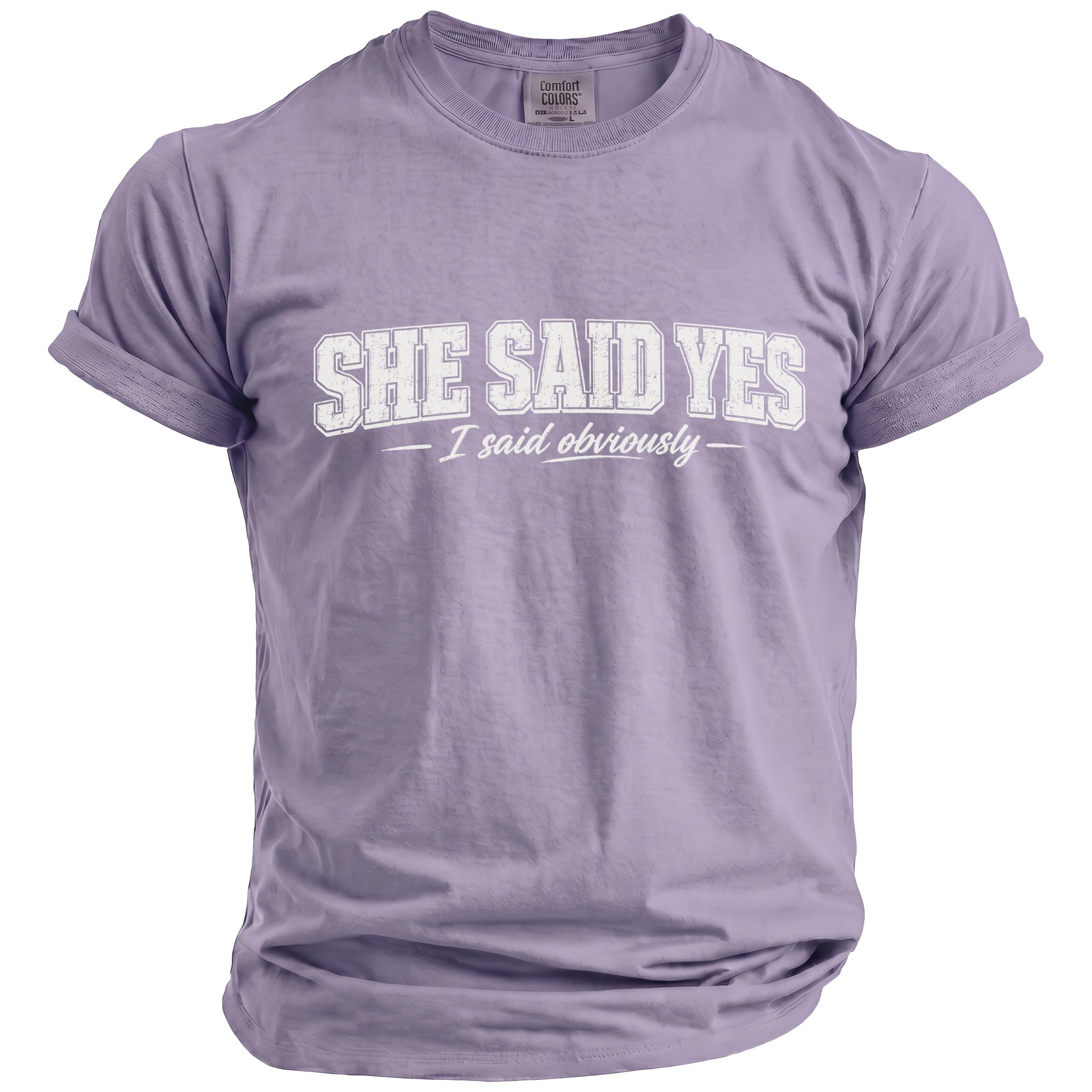 Purple t-shirt with white text "SHE SAID YES - I said obviously"