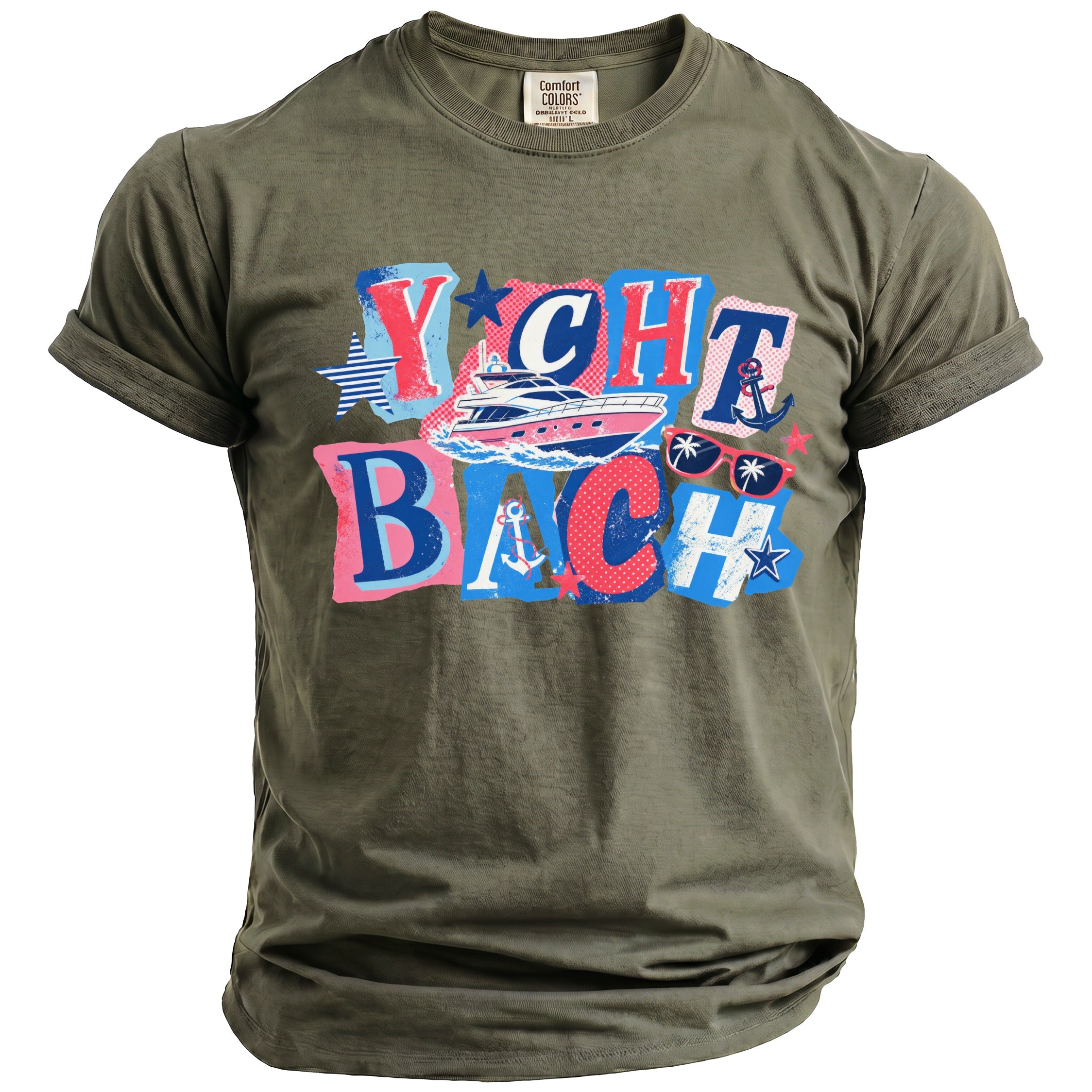 An olive green short-sleeve t-shirt with a pink and blue graphic reading YACHT BACH and a yacht illustration.