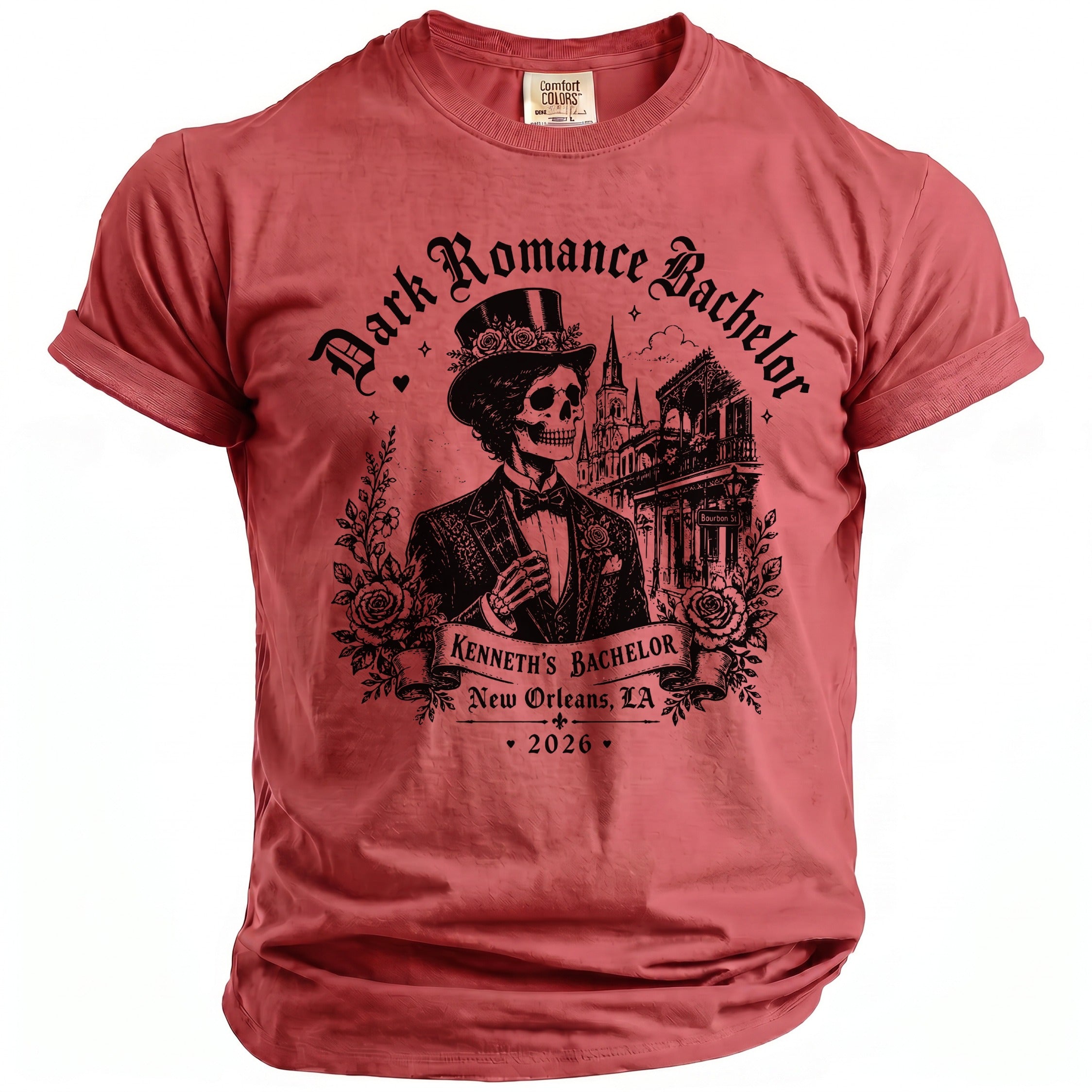 T-shirt with "Dark Romance Bachelor" skeleton in tuxedo, Bourbon Street backdrop, "Kenneth's Bachelor, New Orleans, LA 2026".