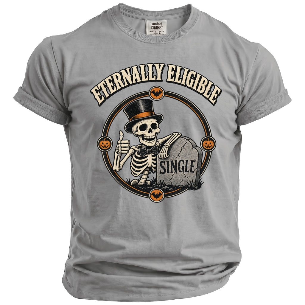Grey t-shirt with skeleton in top hat, tombstone reading "SINGLE," and pumpkins.