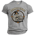 Grey t-shirt with skeleton in top hat, tombstone reading "SINGLE," and pumpkins.