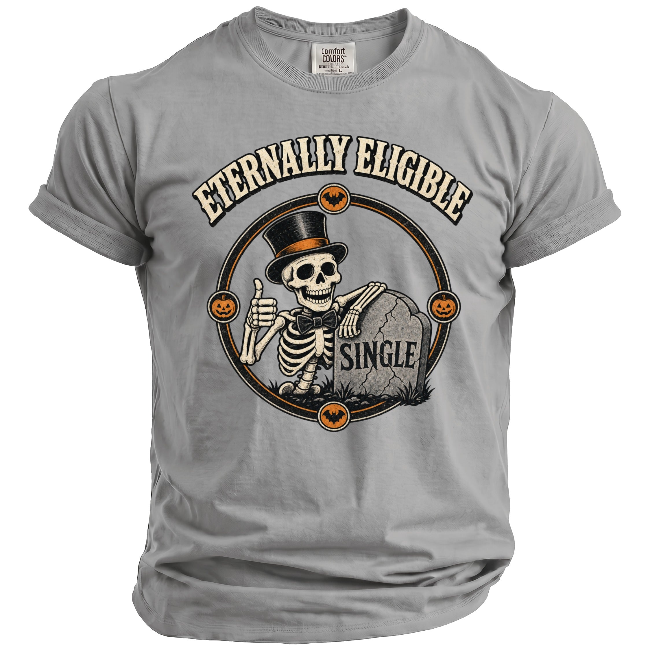 Grey t-shirt with skeleton in top hat, tombstone reading "SINGLE," and pumpkins.