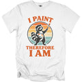 White t-shirt with a vintage graphic of a raccoon artist holding a palette and brush, text "I PAINT THEREFORE I AM".