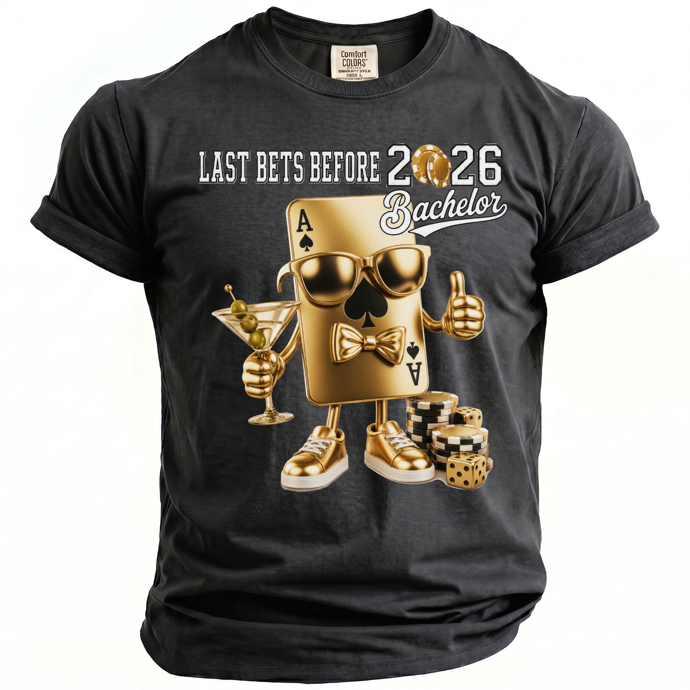 Gold Ace of Spades with martini and dice, "Last Bets Before 2026 Bachelor" text.