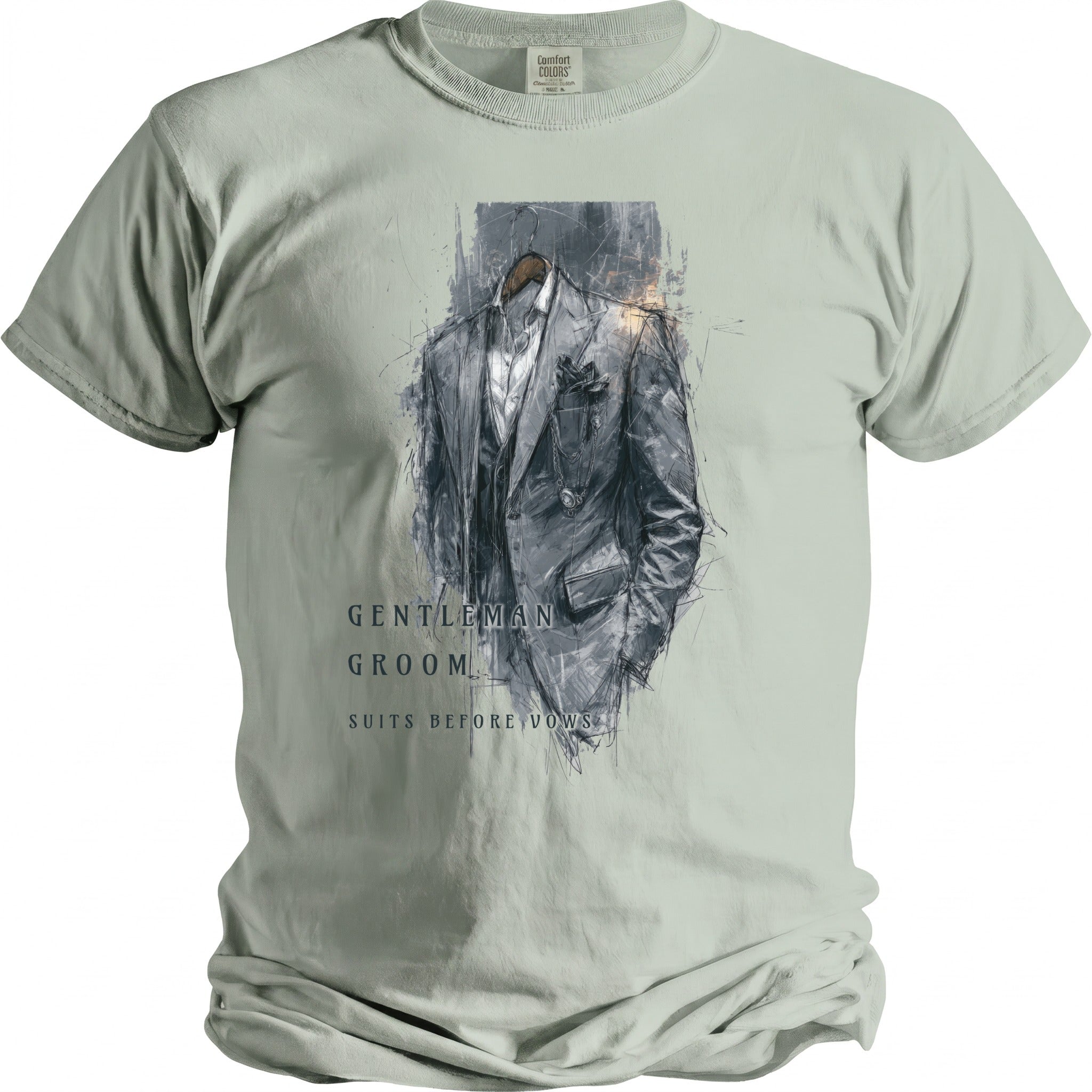 T-shirt with a sketch of a suit and text: "GENTLEMAN GROOM SUITS BEFORE VOWS".