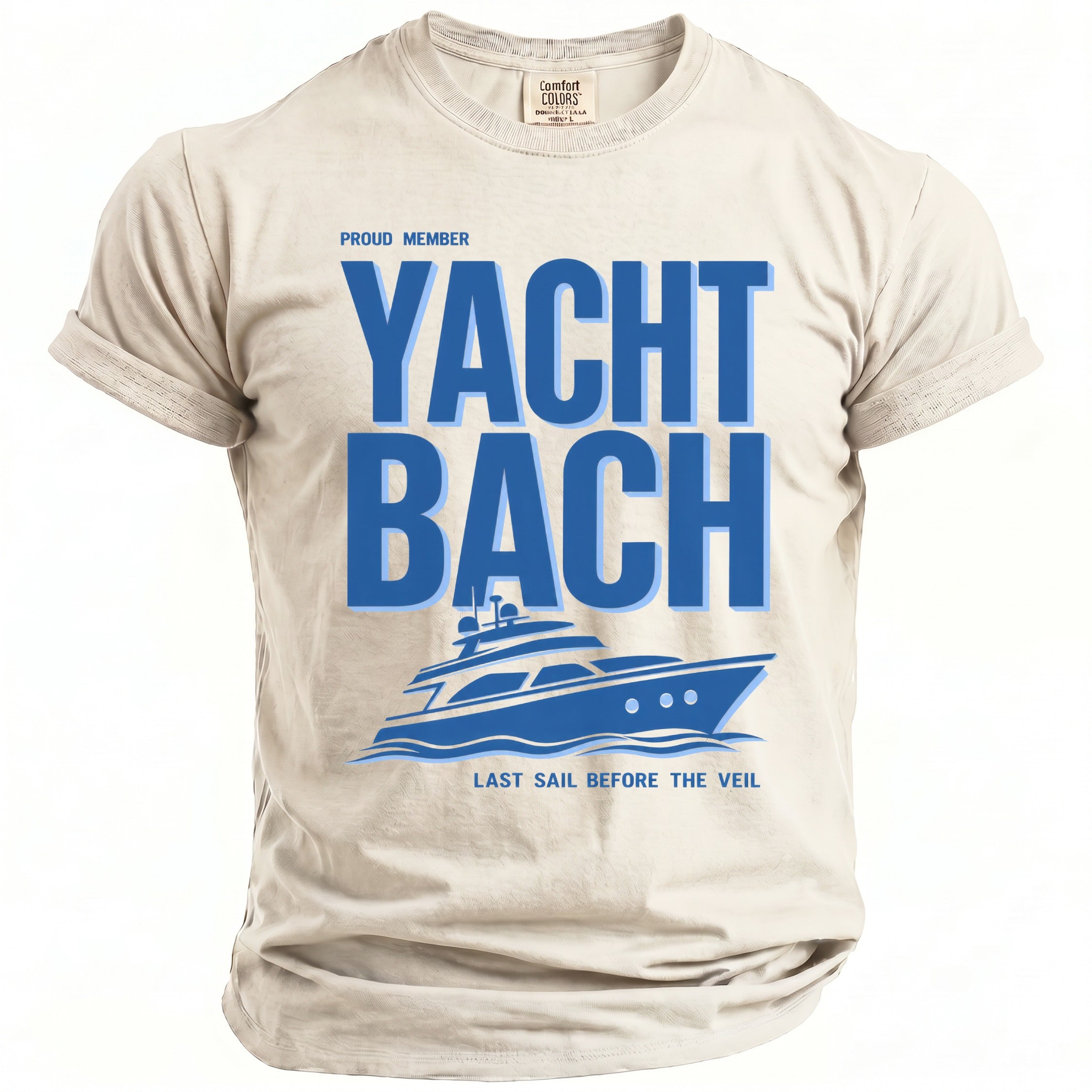 Tan t-shirt with "Proud Member Yacht Bach" and a yacht graphic.
