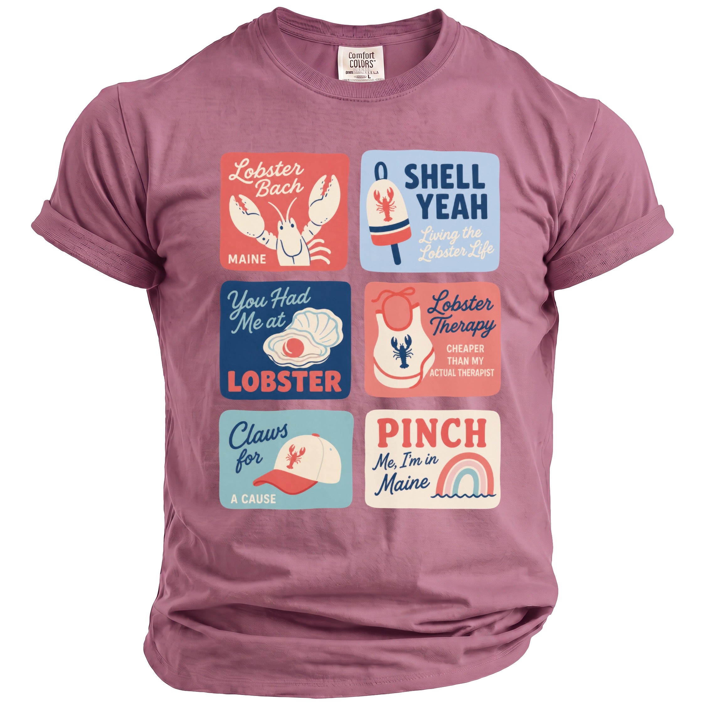 T-shirt with six square graphics featuring lobsters, a clam, a popsicle, a bib, a hat, and a rainbow.