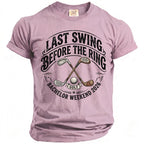 Pink t-shirt with "Last Swing Before the Ring" text and golf elements.