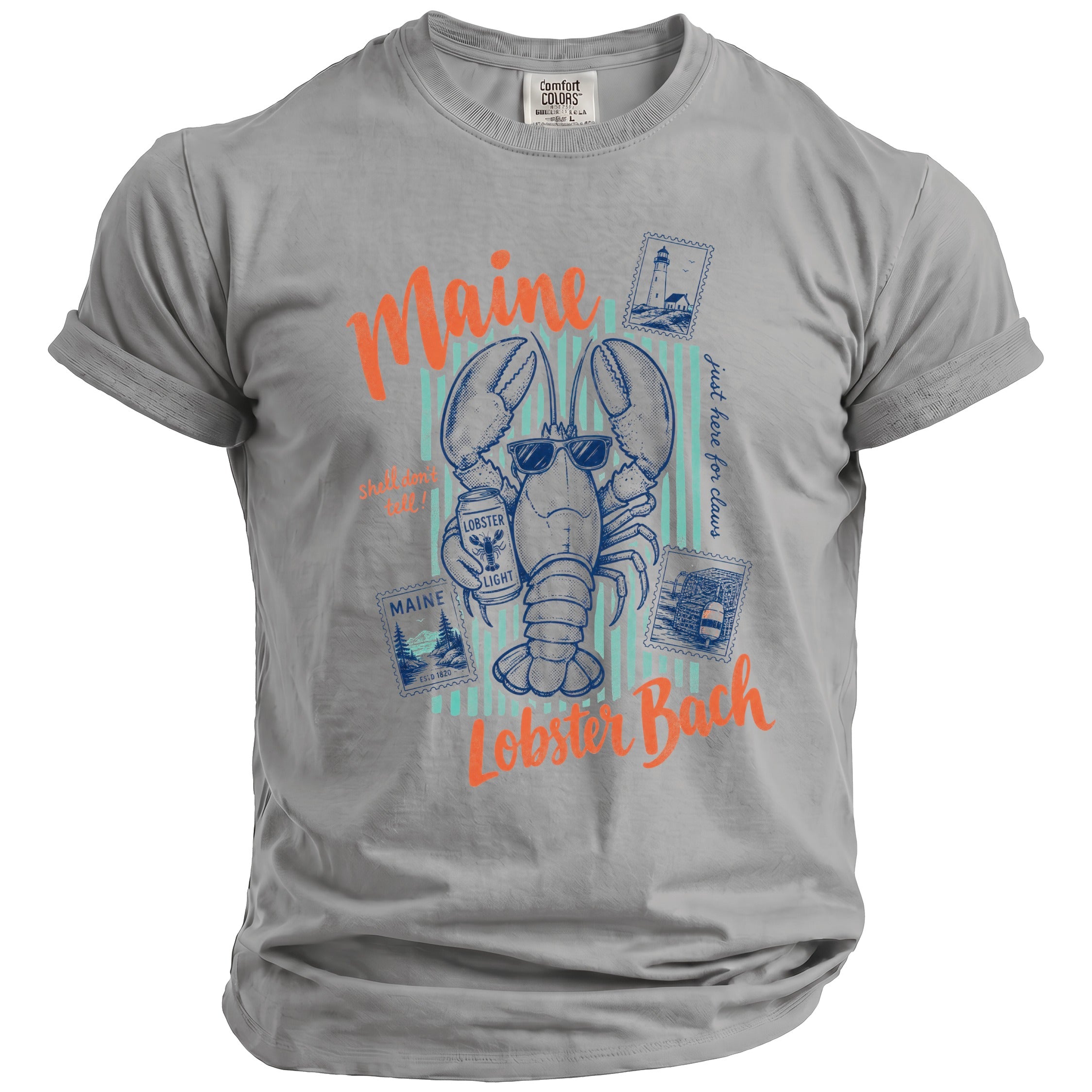 Grey t-shirt with a lobster graphic, "Maine" and "Lobster Bach" text.