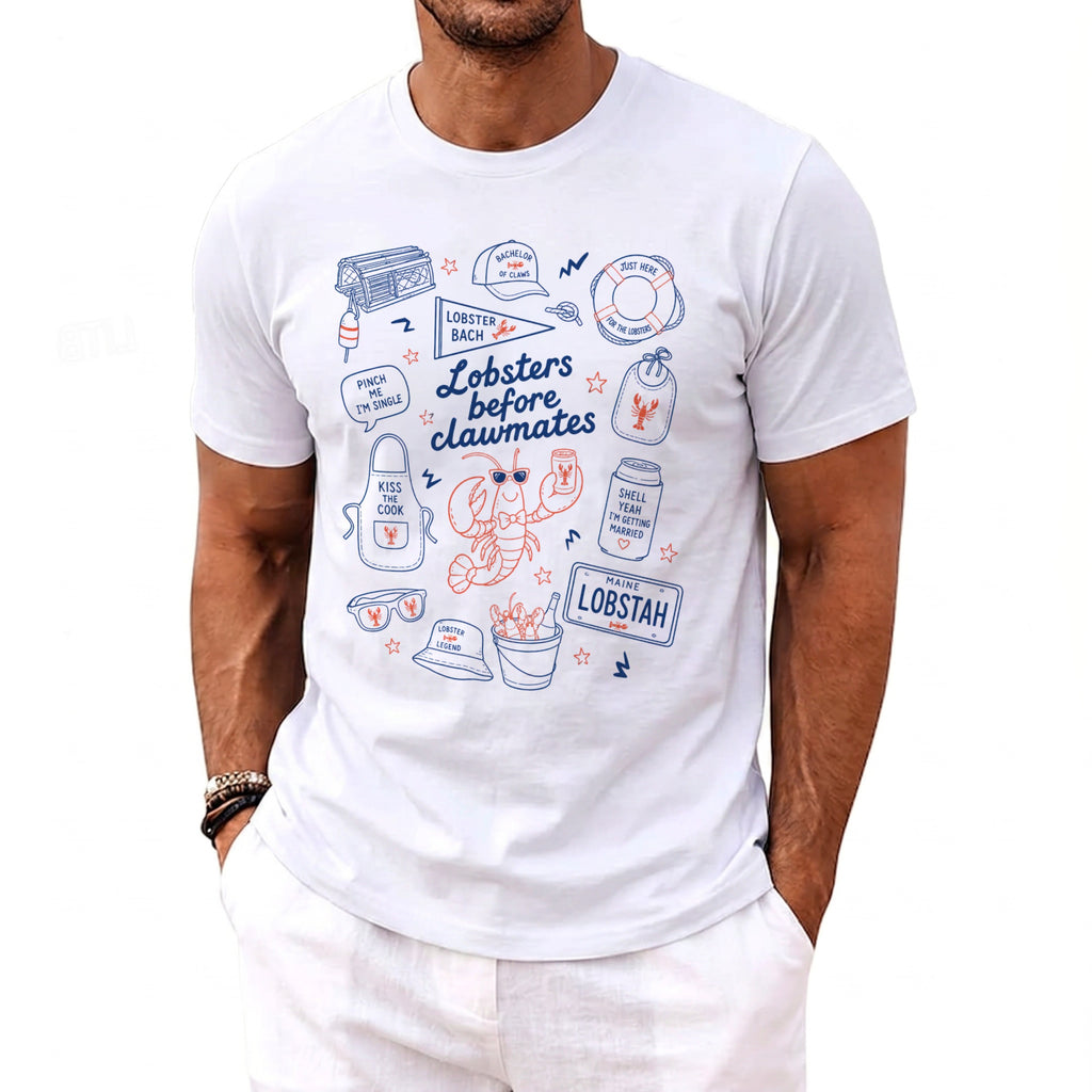 White t-shirt with a graphic print of lobsters and text "Lobsters before clawmates."