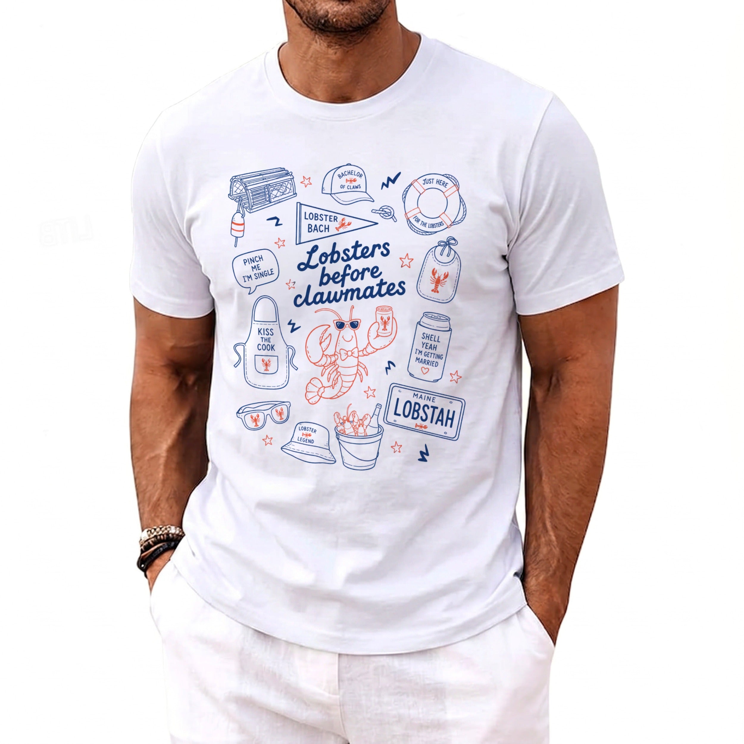 White t-shirt with a graphic print of lobsters and text "Lobsters before clawmates."