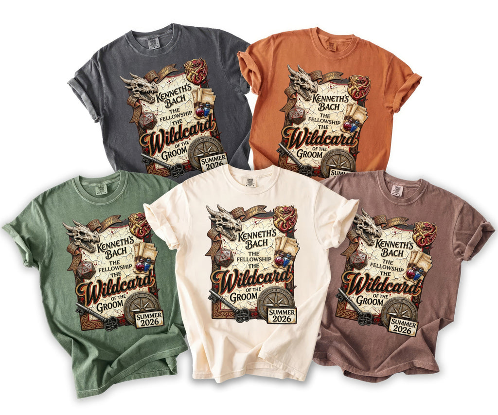 Five t-shirts in different colors featuring a "Wildcard of the Groom" design with a dragon skull and dice.
