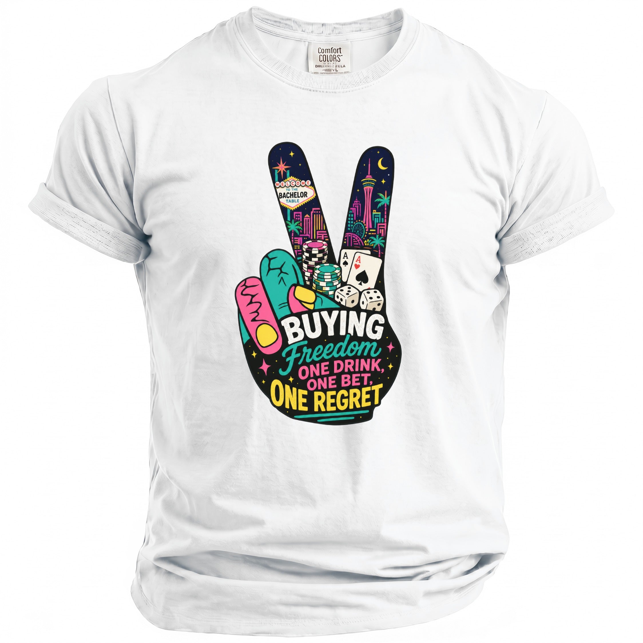 White t-shirt with a peace sign graphic featuring Vegas imagery and text.