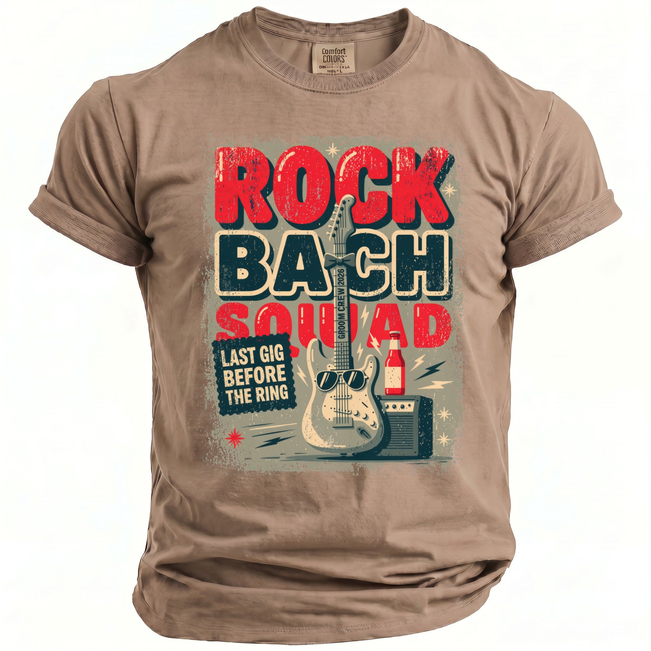 T-shirt graphic with "ROCK BACH SQUAD" text, guitar, amp, and beer bottle.