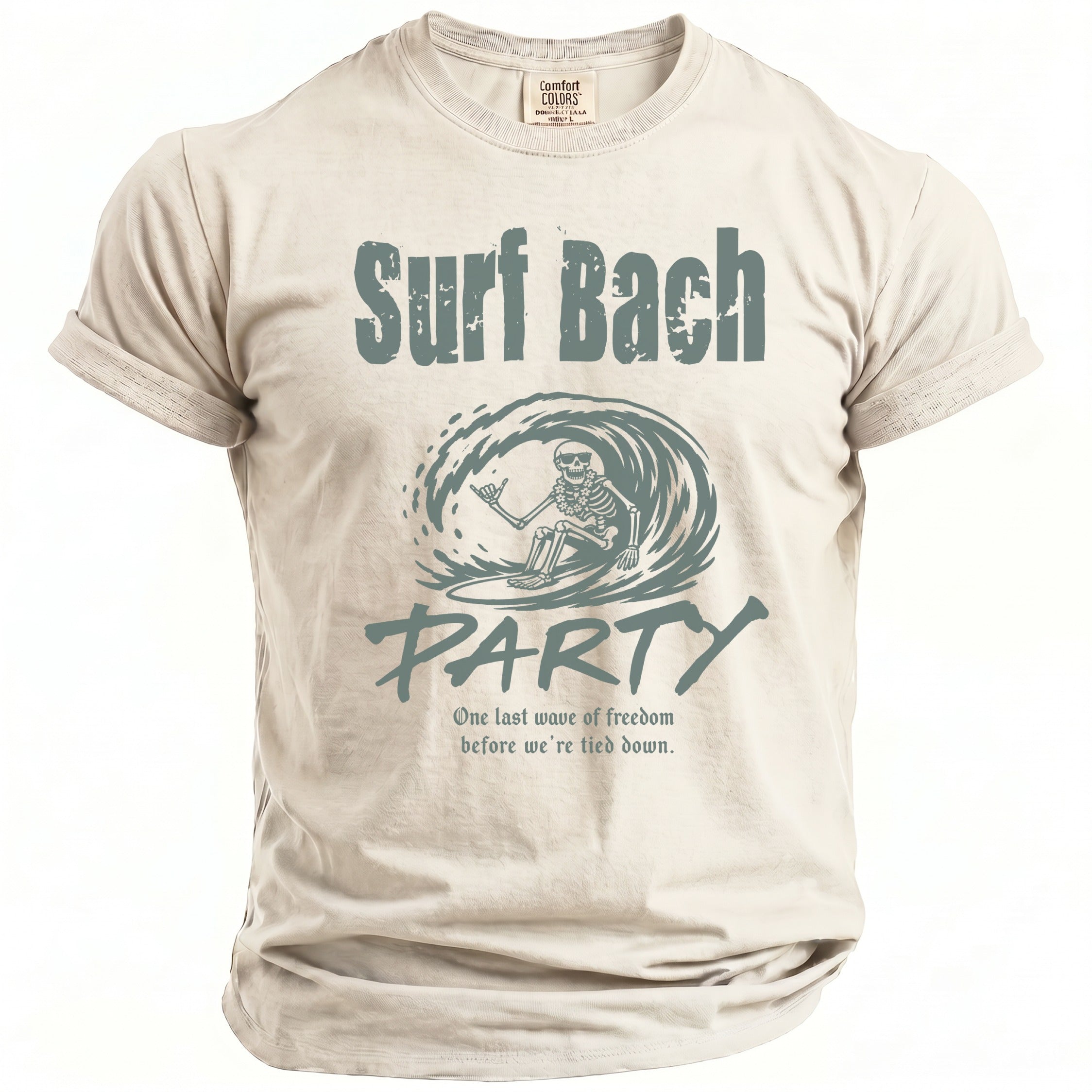 Tan t-shirt with "Surf Bach Party" graphic of skeleton surfing and "One last wave of freedom" text.