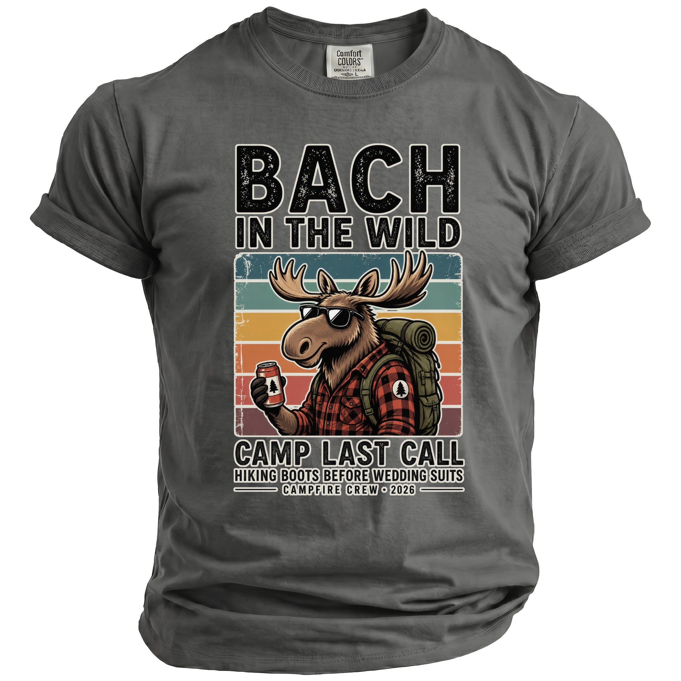 Grey t-shirt with "BACH IN THE WILD" and a moose holding a drink.