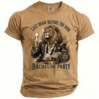 Brown t-shirt with lion holding champagne, crown, and "Bachelor Party" text.