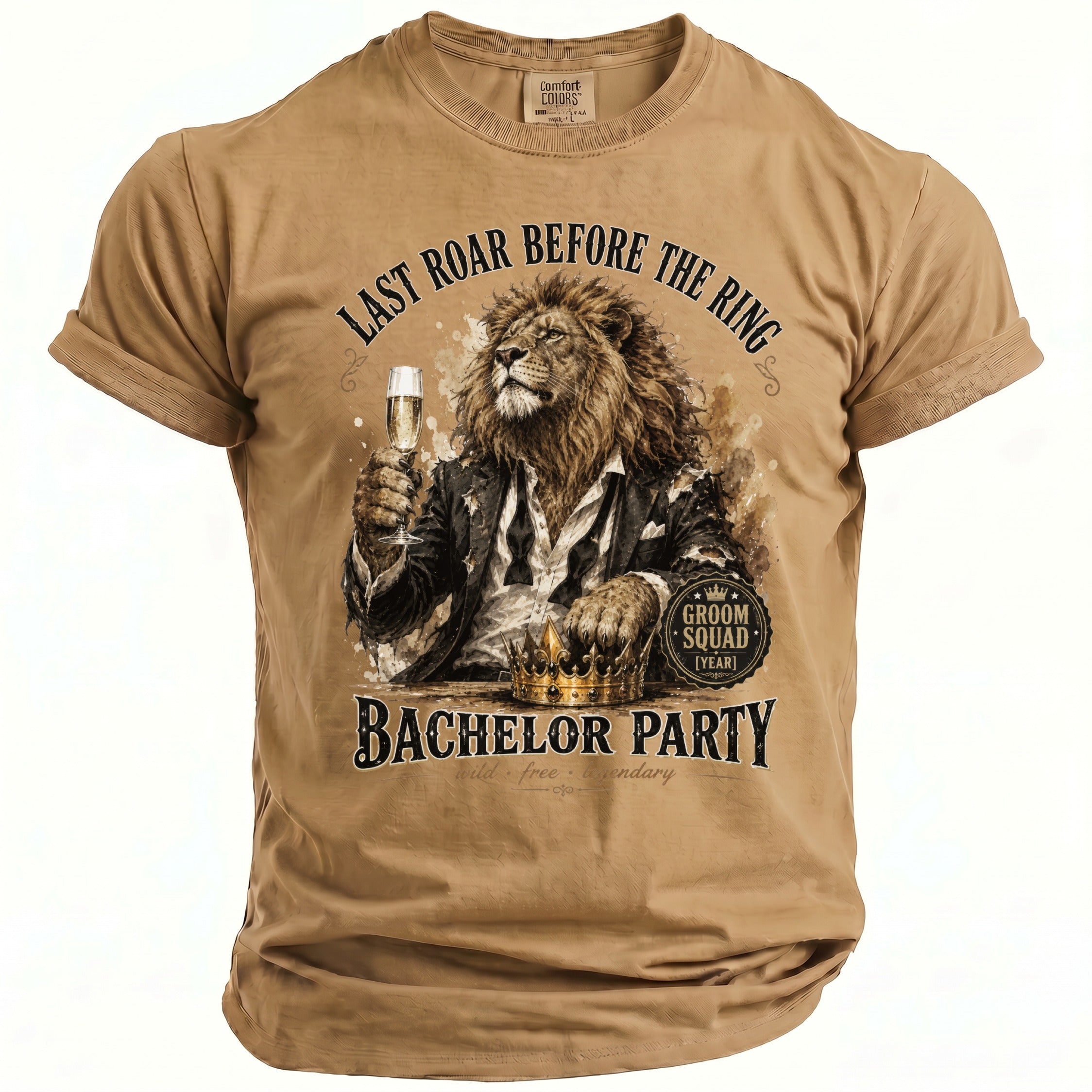 Brown t-shirt with lion holding champagne, crown, and "Bachelor Party" text.