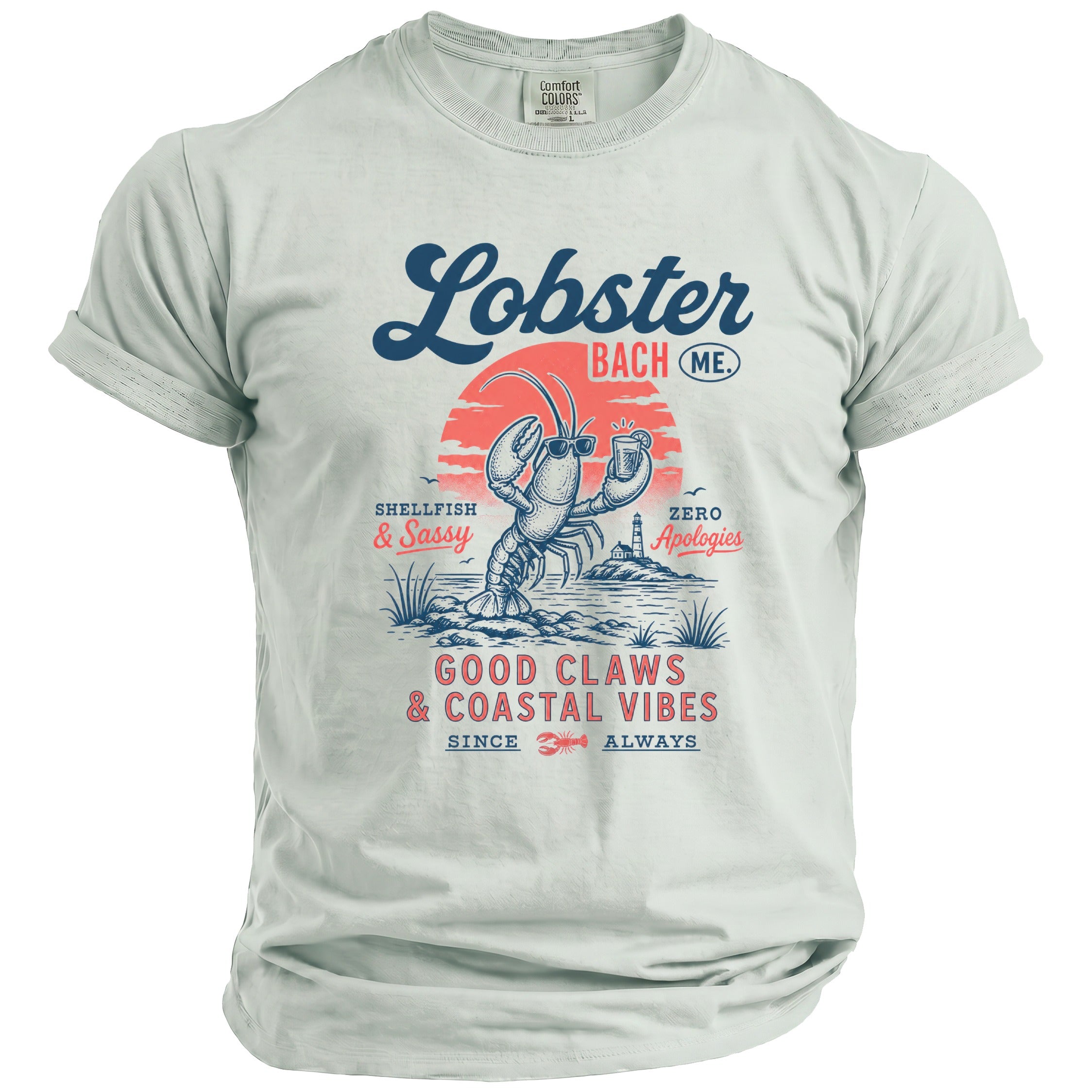 T-shirt with "Lobster Bach ME" and lobster graphic, "Good Claws & Coastal Vibes".