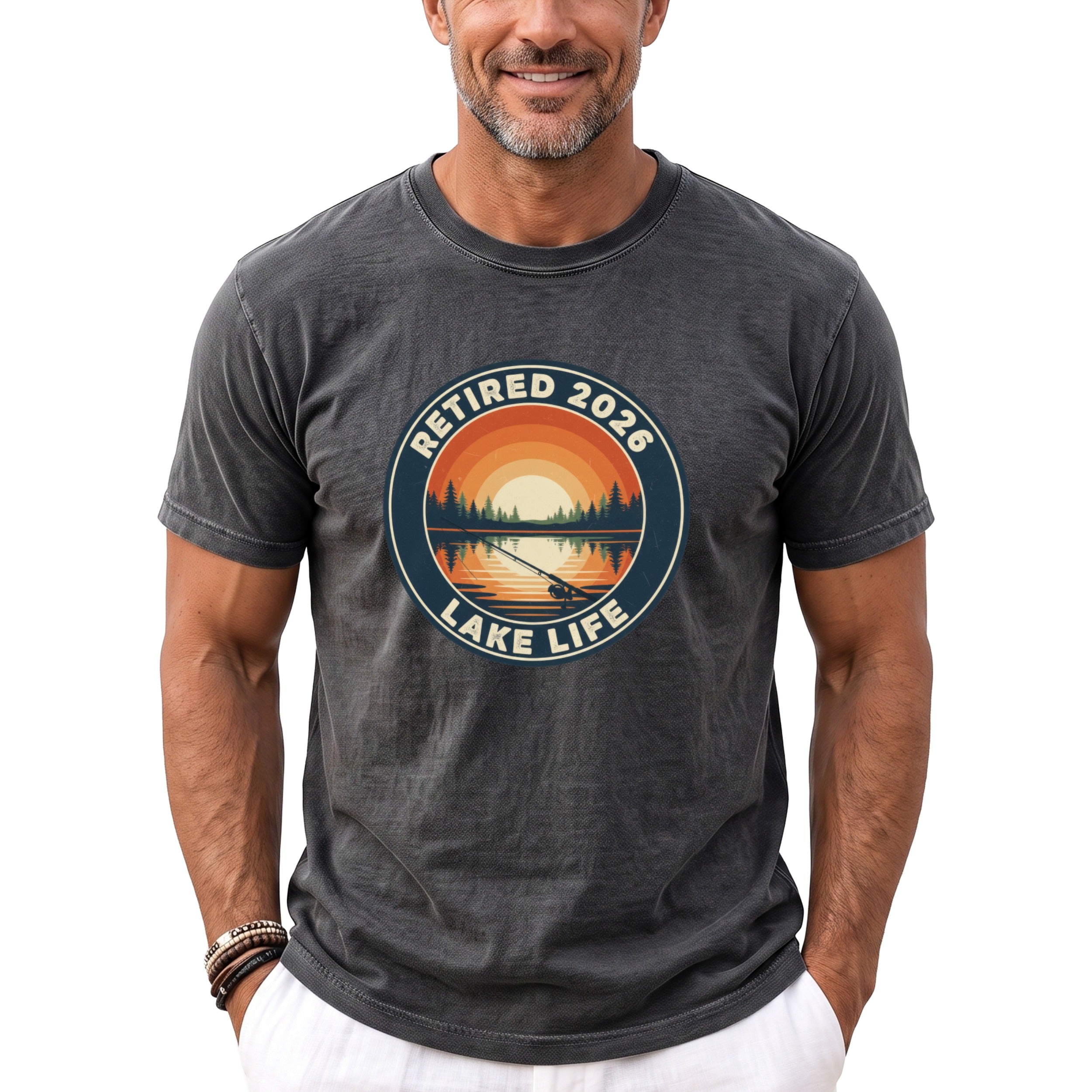 T-shirt graphic with "Retired 2026 Lake Life" text and a sunset fishing scene.
