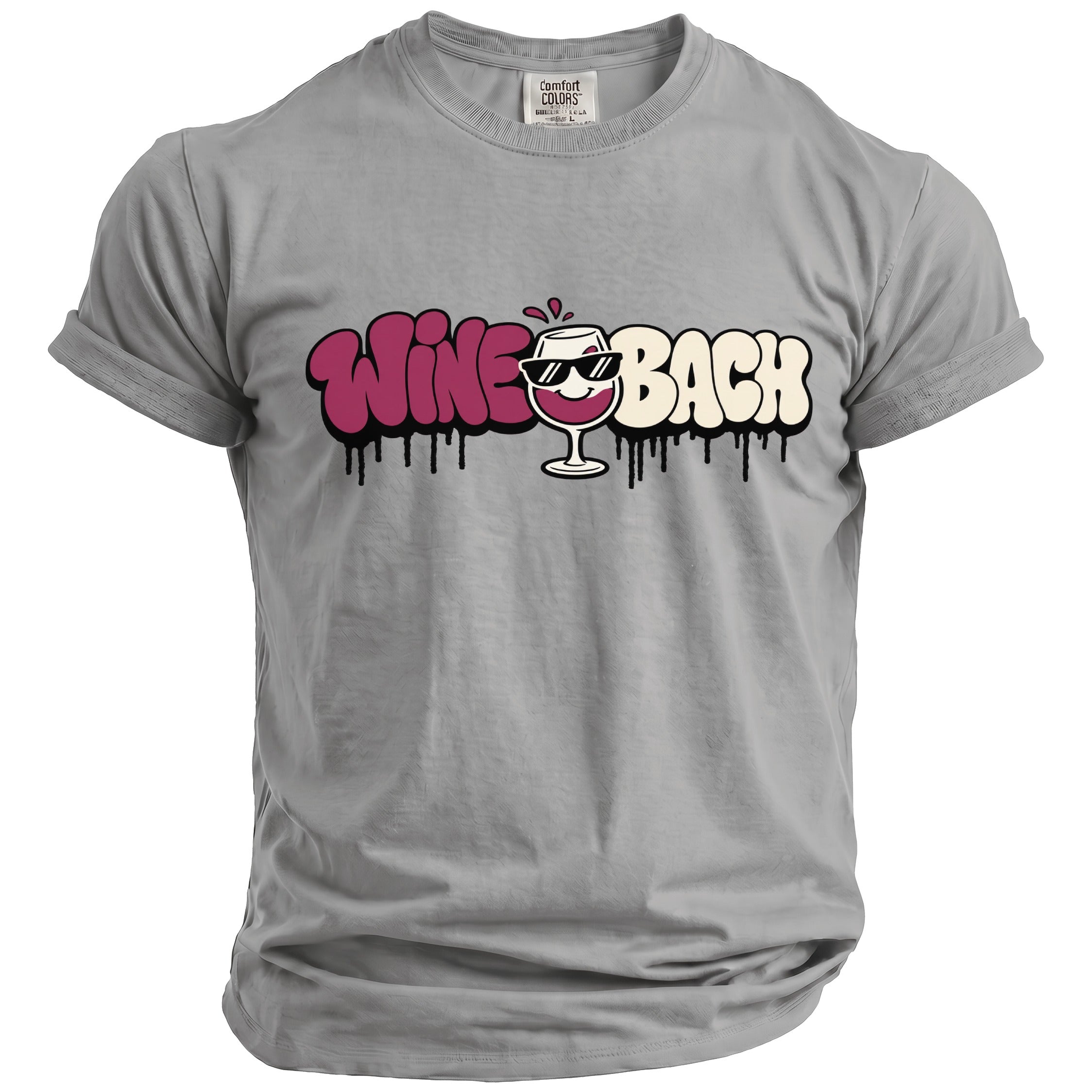 Grey t-shirt with "Wine Bach" text and a cartoon wine glass.