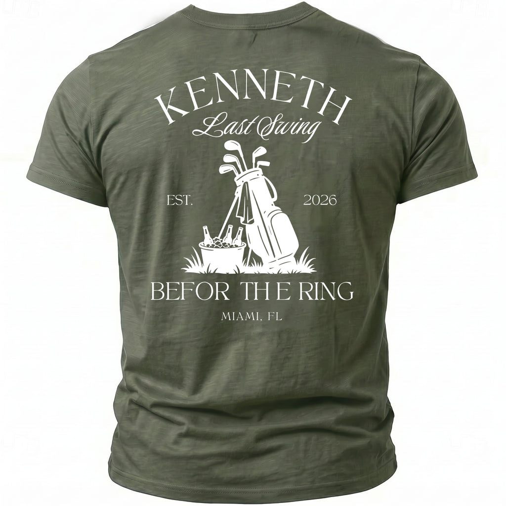 Green t-shirt with "KENNETH Last Swing" and golf-themed graphic with text "EST. 2026 BEFOR THE RING MIAMI, FL".