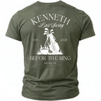 Green t-shirt with "KENNETH Last Swing" and golf-themed graphic with text "EST. 2026 BEFOR THE RING MIAMI, FL".