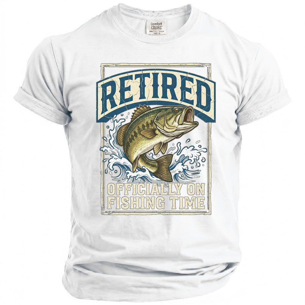 White t-shirt with "RETIRED OFFICIALLY ON FISHING TIME" and a jumping bass.