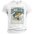 White t-shirt with "RETIRED OFFICIALLY ON FISHING TIME" and a jumping bass.