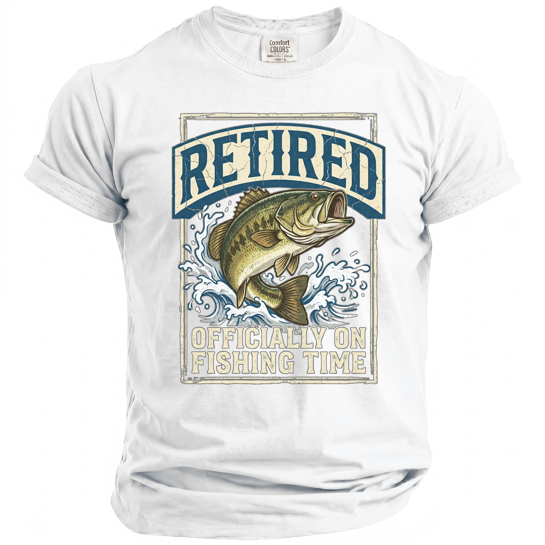 White t-shirt with "RETIRED OFFICIALLY ON FISHING TIME" and a jumping bass.