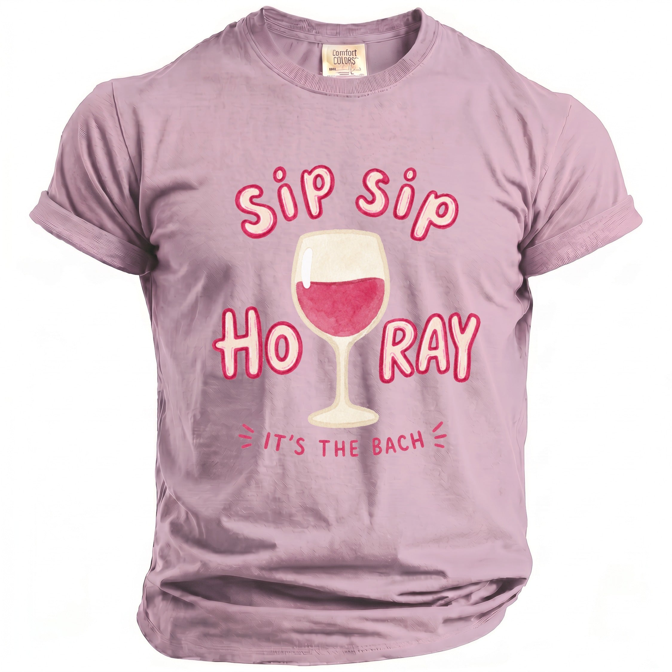 Purple t-shirt with "sip sip ho ray it's the bach" and wine glass graphic.