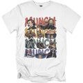 White t-shirt with "MUNCH" text and art inspired by Edvard Munch paintings.