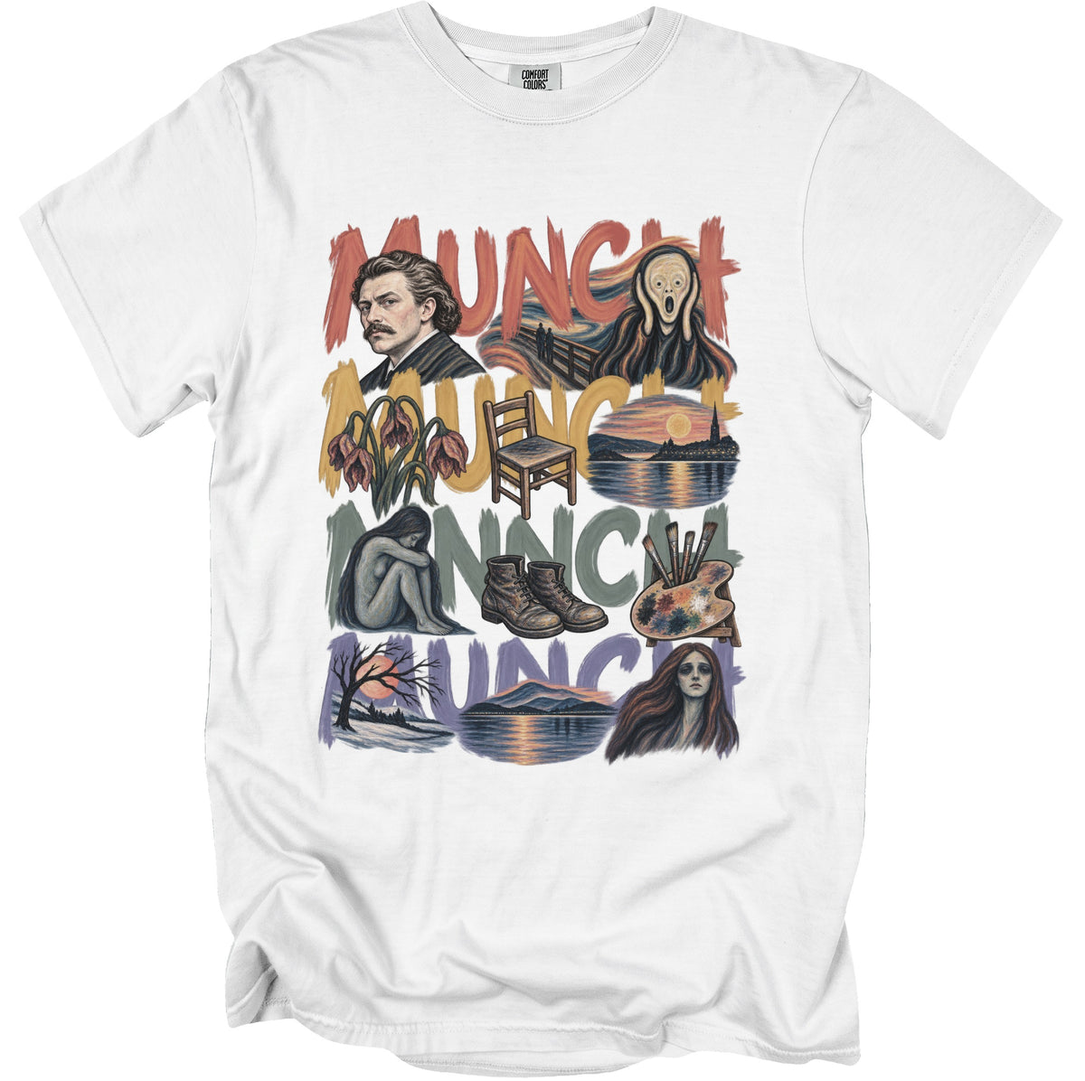 White t-shirt with "MUNCH" text and art inspired by Edvard Munch paintings.