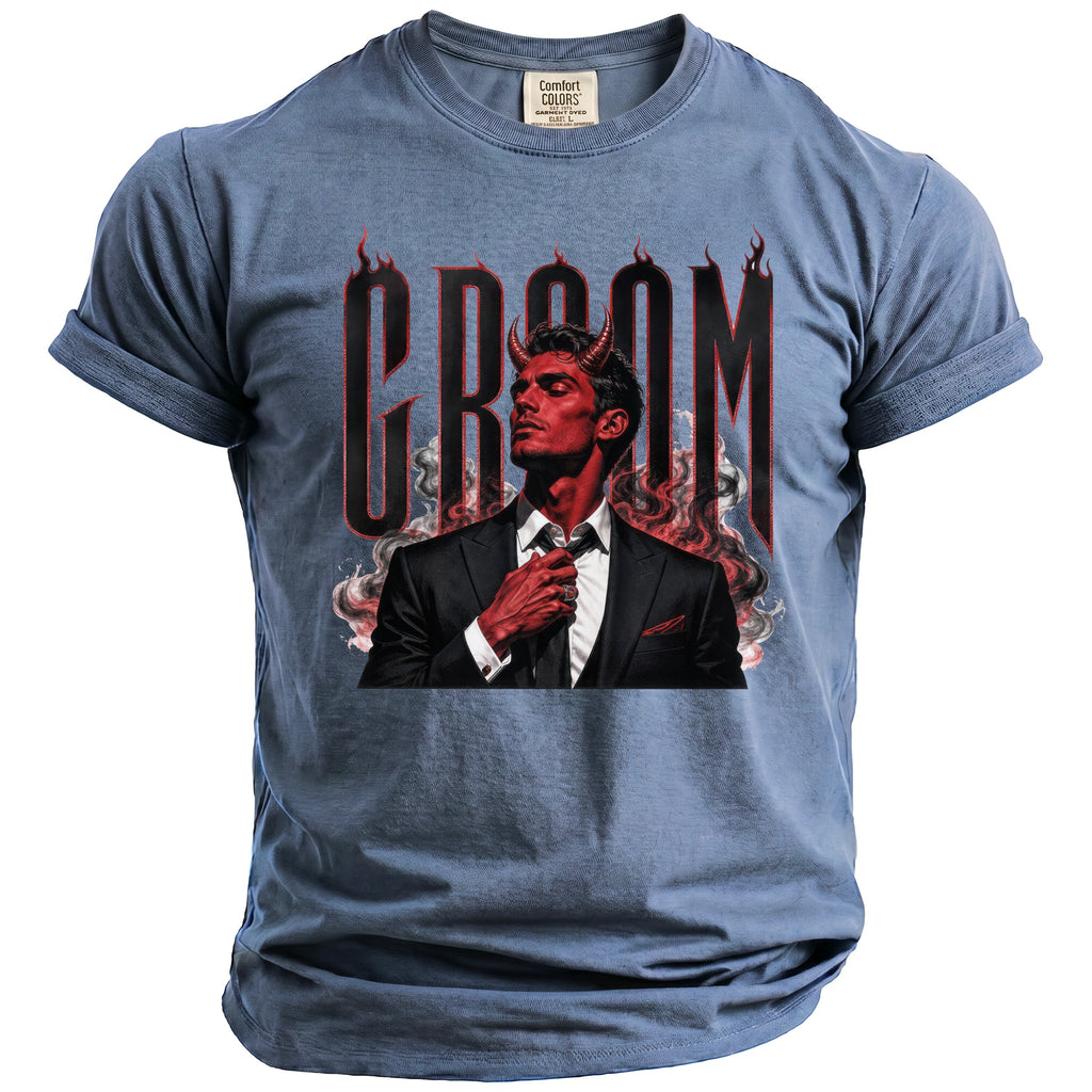 T-shirt with graphic of a red devil in a suit with the word "GROOM"