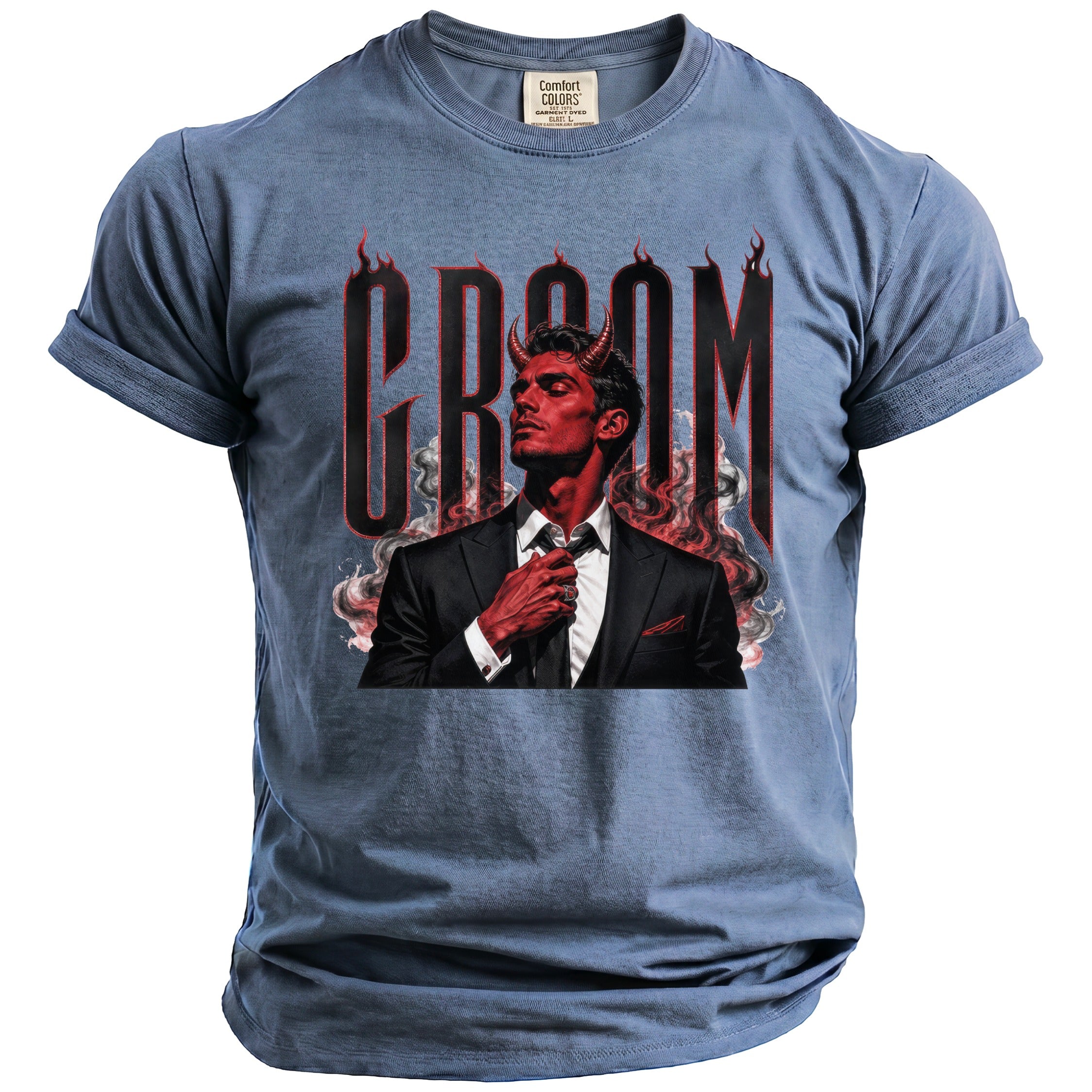 T-shirt with graphic of a red devil in a suit with the word "GROOM"
