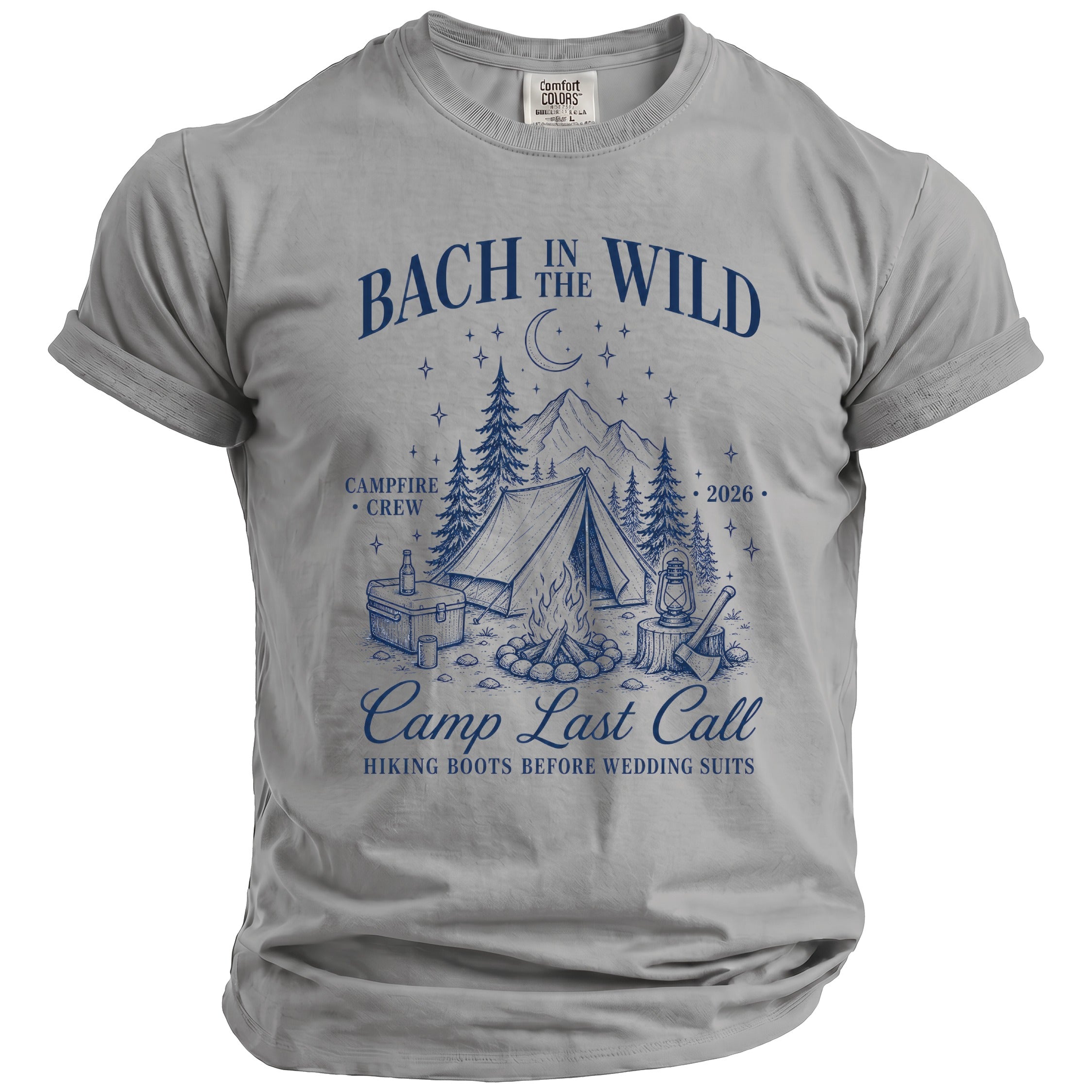 Grey t-shirt with "Bach in the Wild" camping graphic and "Camp Last Call" text.