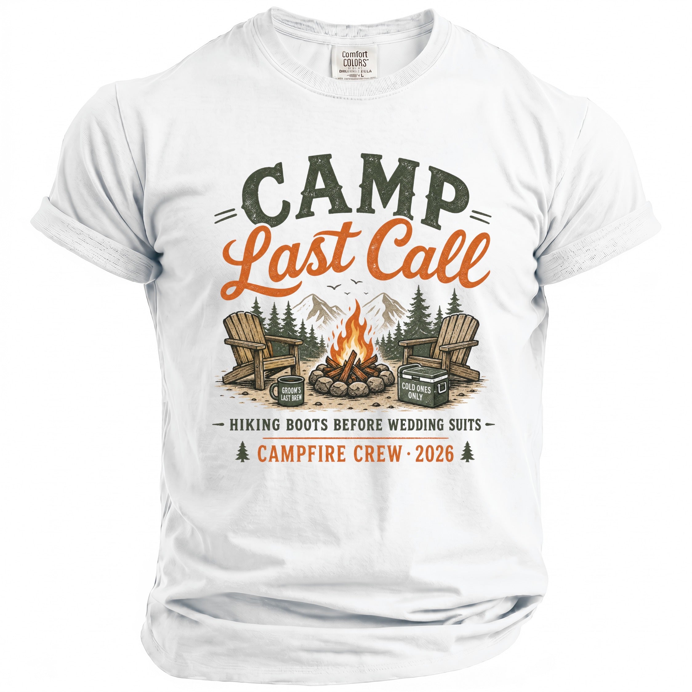 Camp Last Call graphic with campfire, Adirondack chairs, and text.