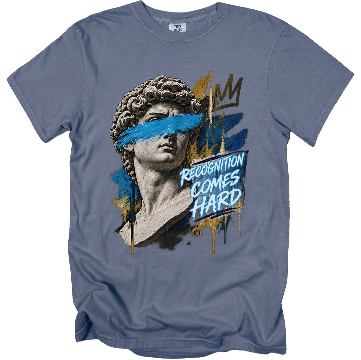 Slate blue t-shirt with David sculpture graphic, blue eye stripe, gold drips, and text.