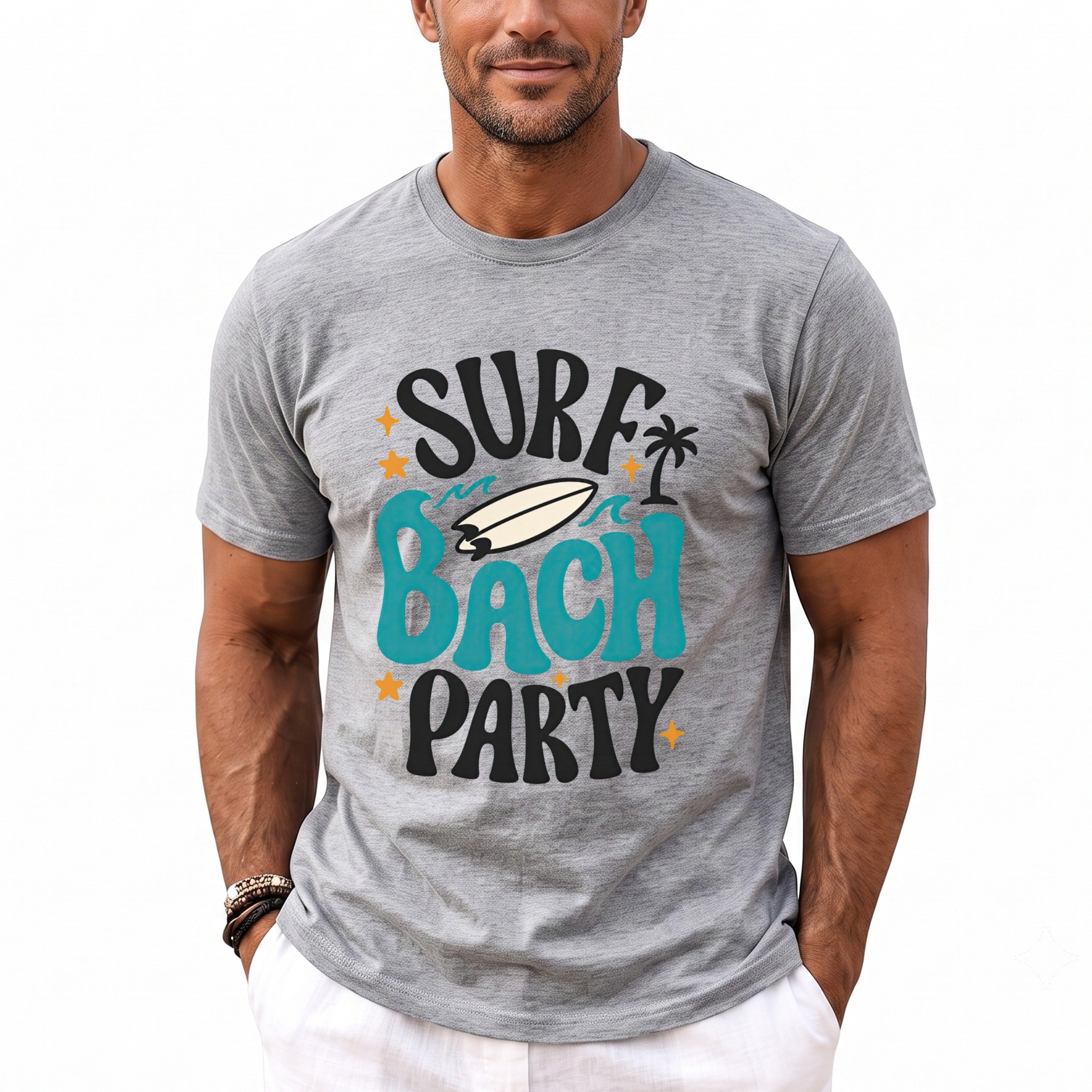 Grey t-shirt with "Surf Bach Party" text, surfboard, palm tree, and stars.