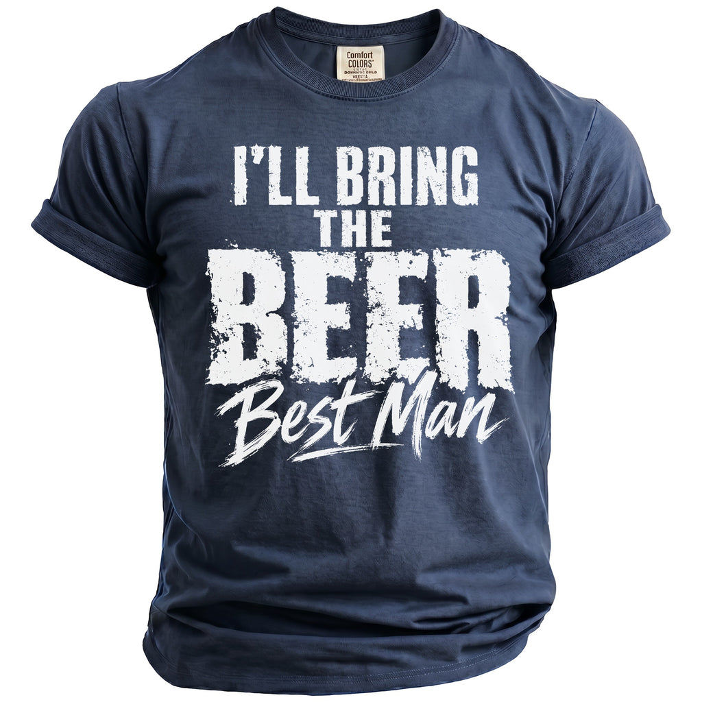 Dark navy t-shirt with white distressed text reading "I'LL BRING THE BEER Best Man."