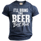 Dark navy t-shirt with white distressed text reading "I'LL BRING THE BEER Best Man."